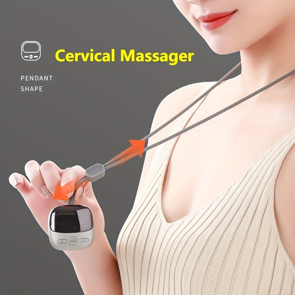 Red mini portable cervical massager with a pendant design, featuring an LCD screen and control buttons.