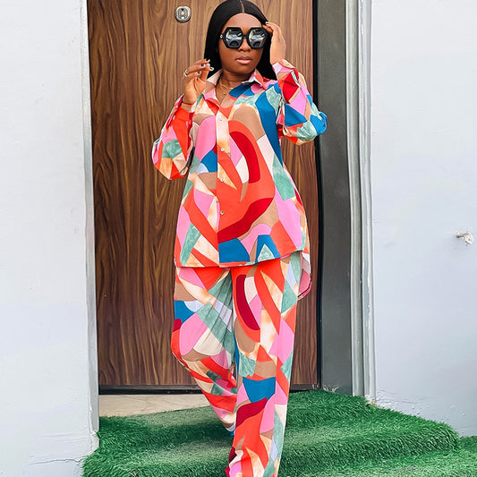 Conjunto Suelto de Blusa Estampada y Pantalón para Mujer