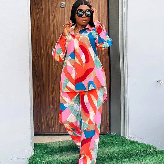 Conjunto Suelto de Blusa Estampada y Pantalón para Mujer