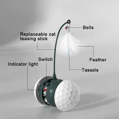 White and dark green cat teaser toy with a golf ball textured base and a flexible arm topped with white feathers. - Image 11