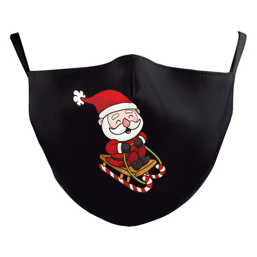 Black dustproof face mask with a digital print of Santa Claus and two reindeer in a snowy forest scene. - Image 30