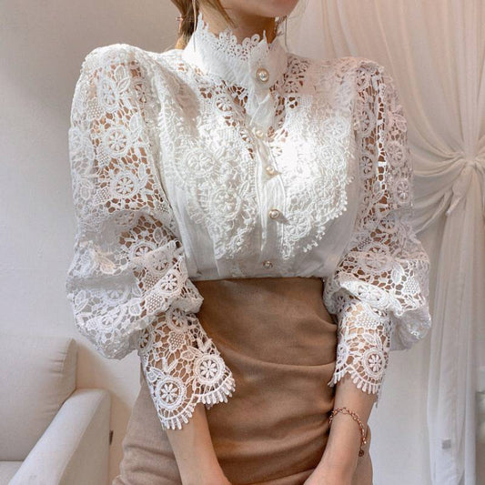 Blusa Elegante de Encaje con Cuello Alzado y Mangas Largas para Mujer
