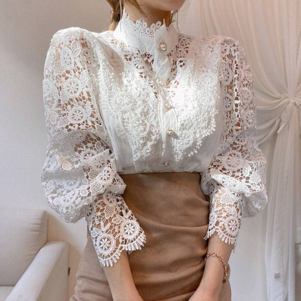 Blusa Elegante de Encaje con Cuello Alzado y Mangas Largas para Mujer