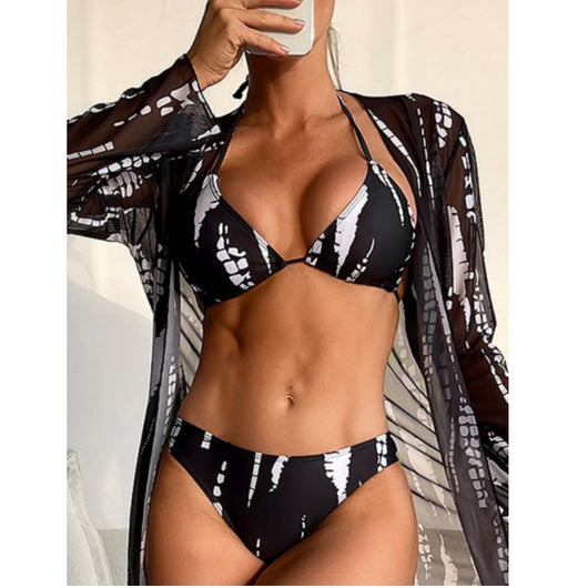 White and black tie-dye three-piece bikini set with a triangle top, high-cut bottoms, and a sheer long-sleeve cover-up. - Image 3
