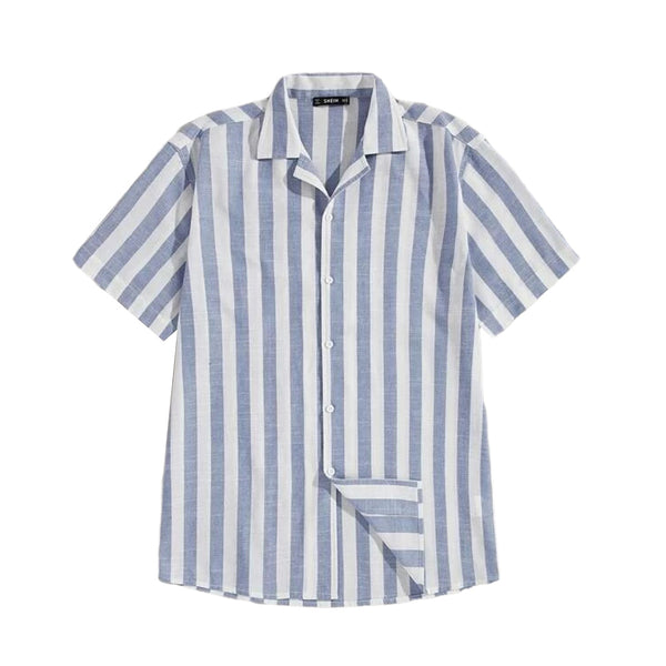 Camisa de Rayas Algodón y Lino con Cuello Solapa y Mangas Cortas