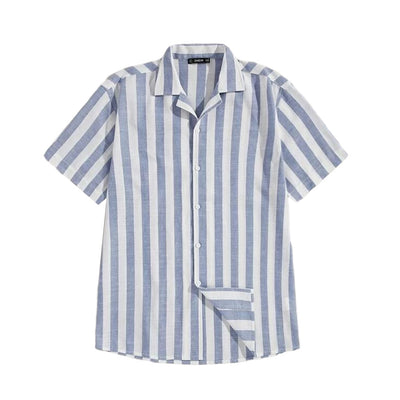 Camisa de Rayas Algodón y Lino con Cuello Solapa y Mangas Cortas