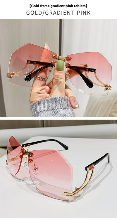 Rimless sunglasses with gradient pink lenses and gold-tone hollow temples, featuring a unique quadrilateral shape. - Image 13