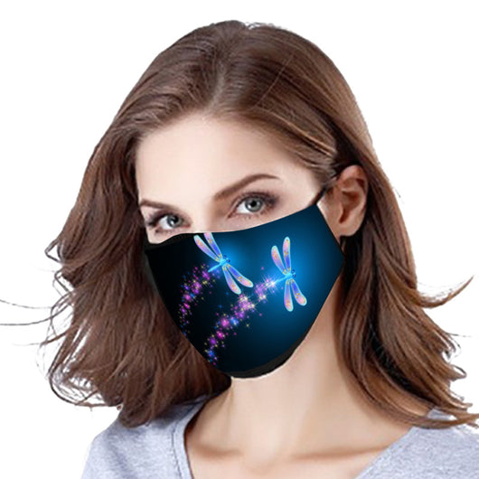 Black cotton face mask with a glowing pink butterfly and blue abstract pattern, worn by a woman. - Image 5