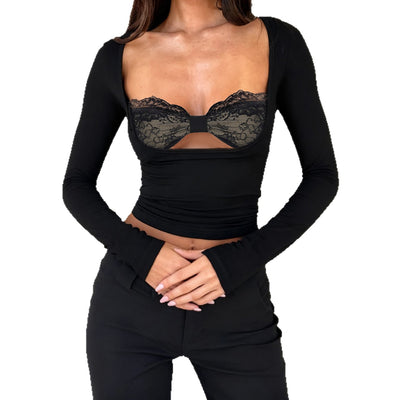 Blusa Larga con Panel de Encaje y Efecto Dos Piezas para Mujer - Image 5