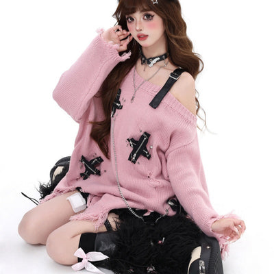 Suéter Holgado Desgarrado con Hombros Descubiertos y Flecos para Mujer Otoño Invierno - Image 12