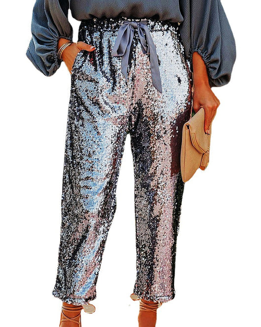 Pantalón Lentejuelas Cintura Alta con Cordones para Fiesta Nocturna - Image 5