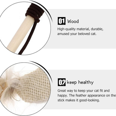 Wooden cat wand toy with a brown string, a small silver bell, a cream fabric mouse, and light brown feathers. - Image 38