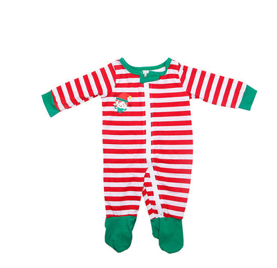 Red and white striped baby footed sleeper with green cuffs and an elf graphic, featuring a full-length zipper. - Image 9