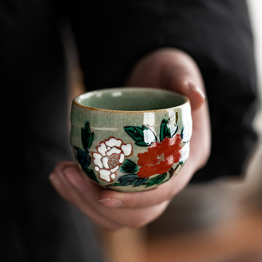 Juego de Tazas de Té Kutani Artesanal - Flores de Cinco Hierbas Retro - Image 12