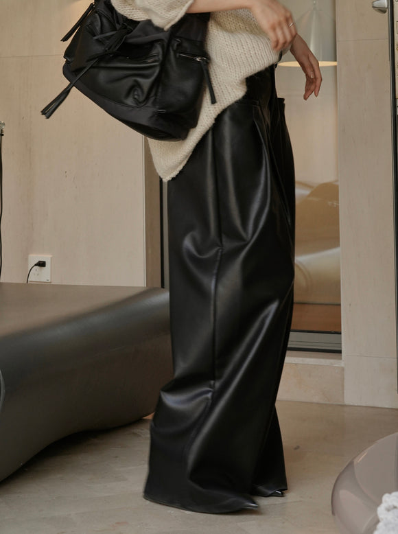 PU High Waist Skinny Wide Leg Pants