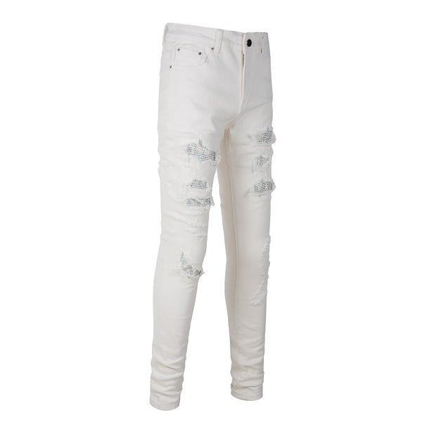 Pantalones Slim Fit Blancos con Detalles de Perforaciones para Hombre