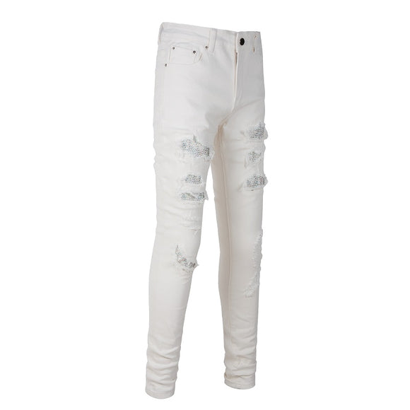 Pantalones Slim Fit Blancos con Detalles de Perforaciones para Hombre