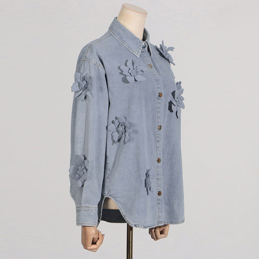 Blusa Denim con Flores 3D - Estilo Minimalista para Verano - Image 4