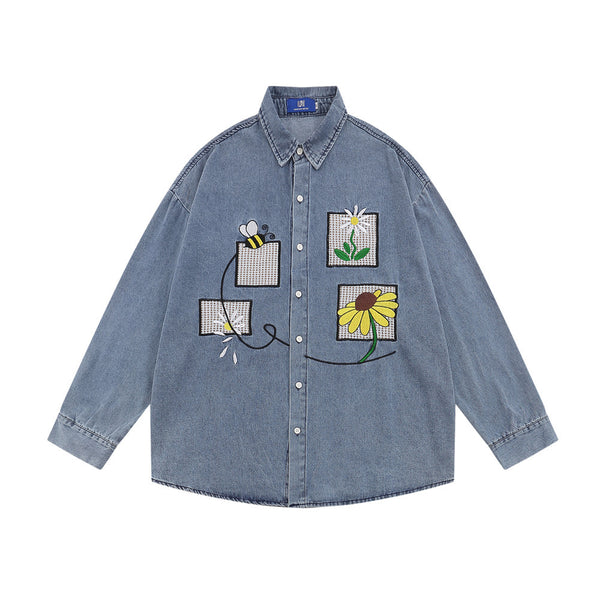 Camisa Denim con Bordado Floral - Abrigo Casual Manga Larga Cuello Polo