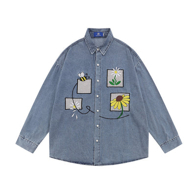Camisa Denim con Bordado Floral - Abrigo Casual Manga Larga Cuello Polo