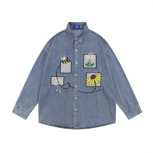 Camisa Denim con Bordado Floral - Abrigo Casual Manga Larga Cuello Polo