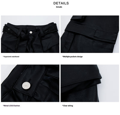 Pantalones de Cuero Retro con Múltiples Bolsillos y Detalles de Costura - Image 18
