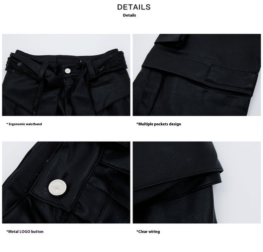 Pantalones de Cuero Retro con Múltiples Bolsillos y Detalles de Costura - Image 18
