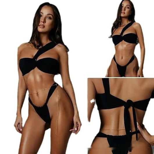 White one-shoulder bikini with a twisted front top and ruched, high-cut bottom modeled by a woman. - Image 5