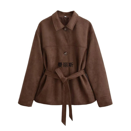 Chaqueta Camisa Polo Suede con Cinturón - Manga Larga Oversize