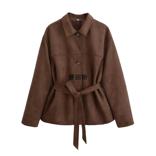 Chaqueta Camisa Polo Suede con Cinturón - Manga Larga Oversize