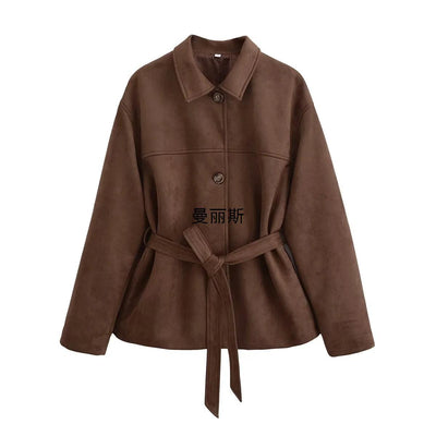Chaqueta Camisa Polo Suede con Cinturón - Manga Larga Oversize