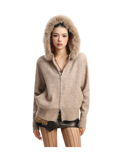 Abrigo Cardigan con Capucha y Cuello de Pelaje Beige para Mujer - Image 23