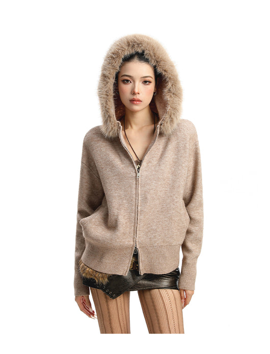 Abrigo Cardigan con Capucha y Cuello de Pelaje Beige para Mujer - Image 23