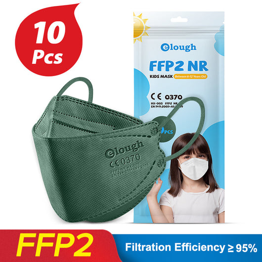 Black FFP2 kids mask with ear loops, shown next to its packaging for a 10-piece pack. - Image 4