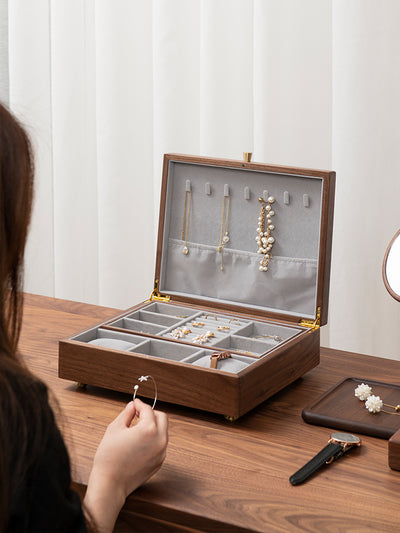 Joyero de Madera de Nogal Negro con Cerradura - Organizador de Joyas Premium