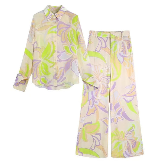 Conjunto Retro Francés para Primavera y Verano: Blusa Estampada y Pantalón Recto