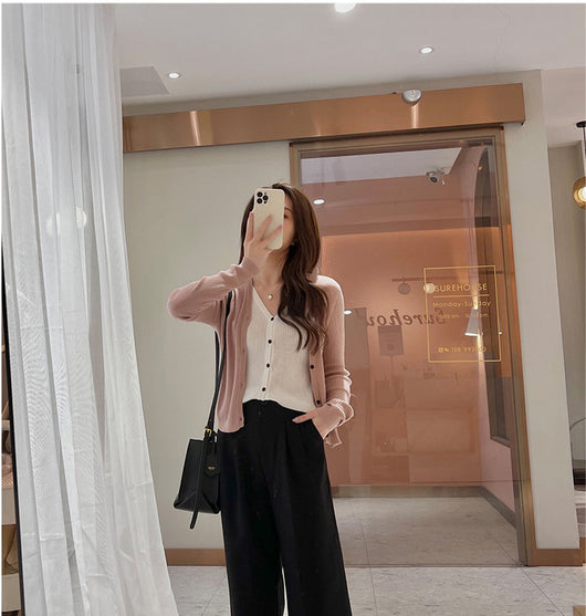Cardigan Tejido Falsa Dos Piezas Mujer Cuello V Manga Larga - Image 12