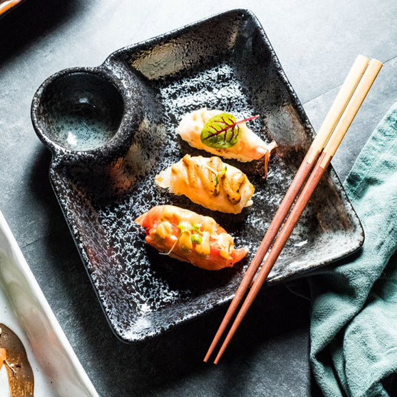 Plato Especial Japonés de Cerámica para Dumplings con Platillo para Salsa de Vinagre
