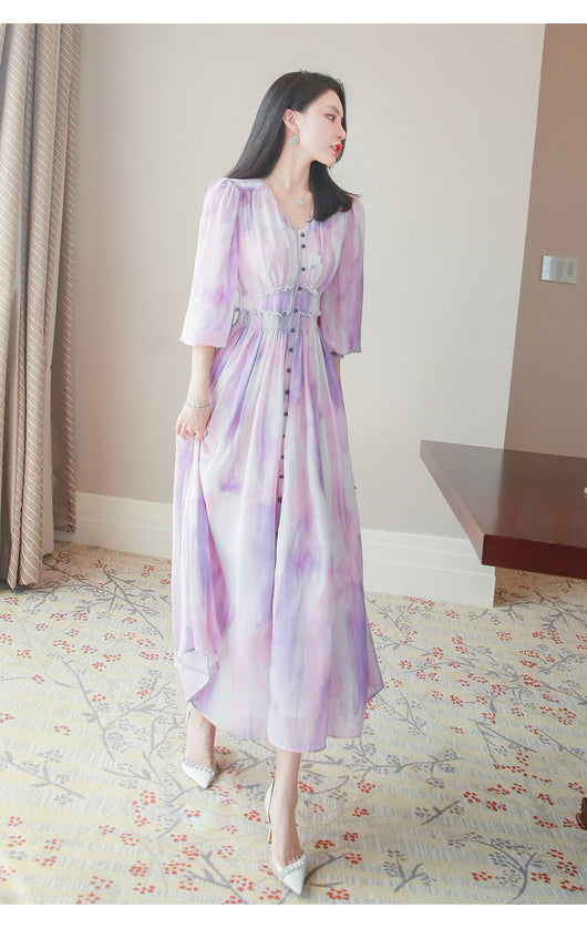 Vestido Largo Escote V Tie-dye Púrpura Estilo Suave - Image 11