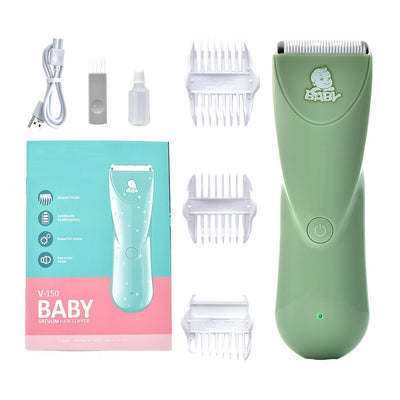 Green baby hair clipper set with three white guide combs, USB charging cable, cleaning brush, and oil bottle. - Image 3