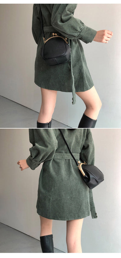 Vestido Camisero Acolchado con Cinturón en Pana - Largo Midi - Image 7