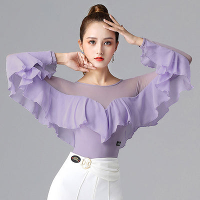 Vestido de Danza Manga Larga Hoja de Loto Blanco - Top de Vals Latino - Image 4