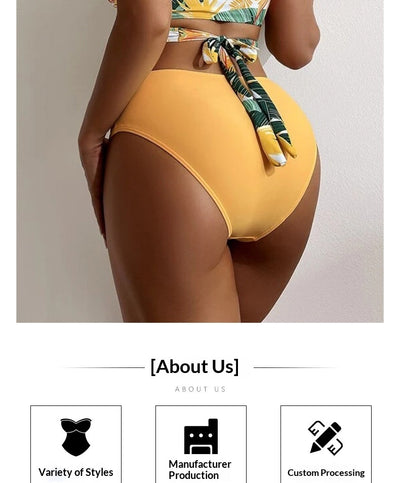 Women's two-piece swimsuit with a green, yellow, and orange tropical floral print halter top and solid yellow high-waisted bikini bottoms. - Image 8
