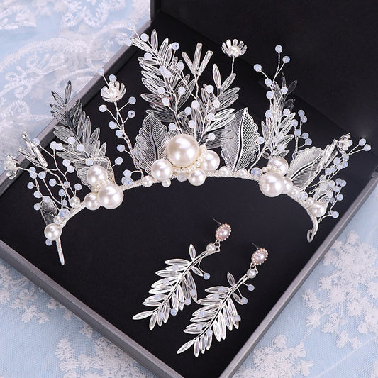 Corona Nupcial de Cristal y Hojas para Novia con Aretes