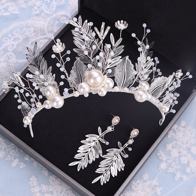 Corona Nupcial de Cristal y Hojas para Novia con Aretes