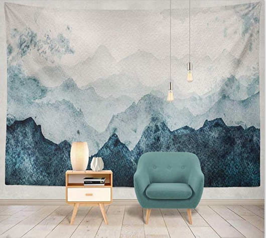 Digital printing tapestry featuring a watercolor mountain landscape in shades of blue and grey, hanging on a wall. - Image 3