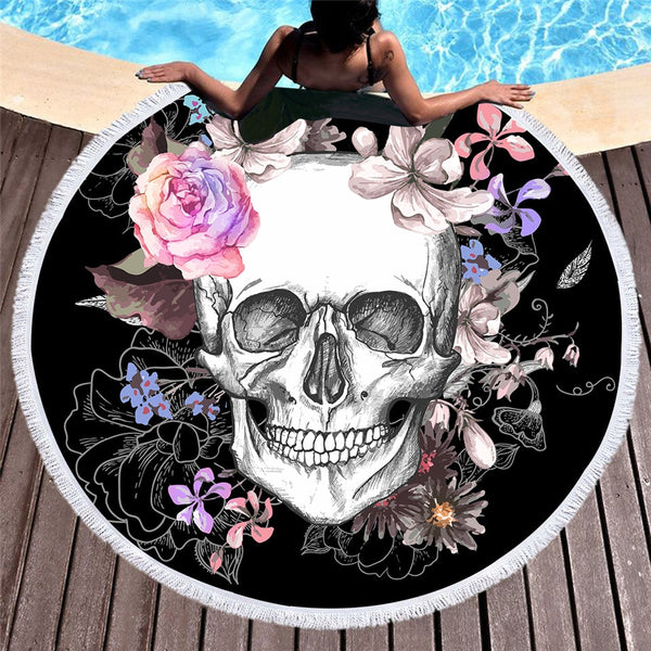 Toalla Redonda de Playa Calavera Mexicana con Borlas Florales y Tapiz Yoga 150cm
