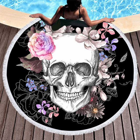 Toalla Redonda de Playa Calavera Mexicana con Borlas Florales y Tapiz Yoga 150cm