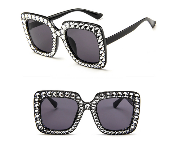 Oversized square sunglasses with clear peach frames, brown lenses, and clear faceted rhinestones around the edges. - Image 3