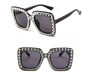 Oversized square sunglasses with clear peach frames, brown lenses, and clear faceted rhinestones around the edges. - Image 3